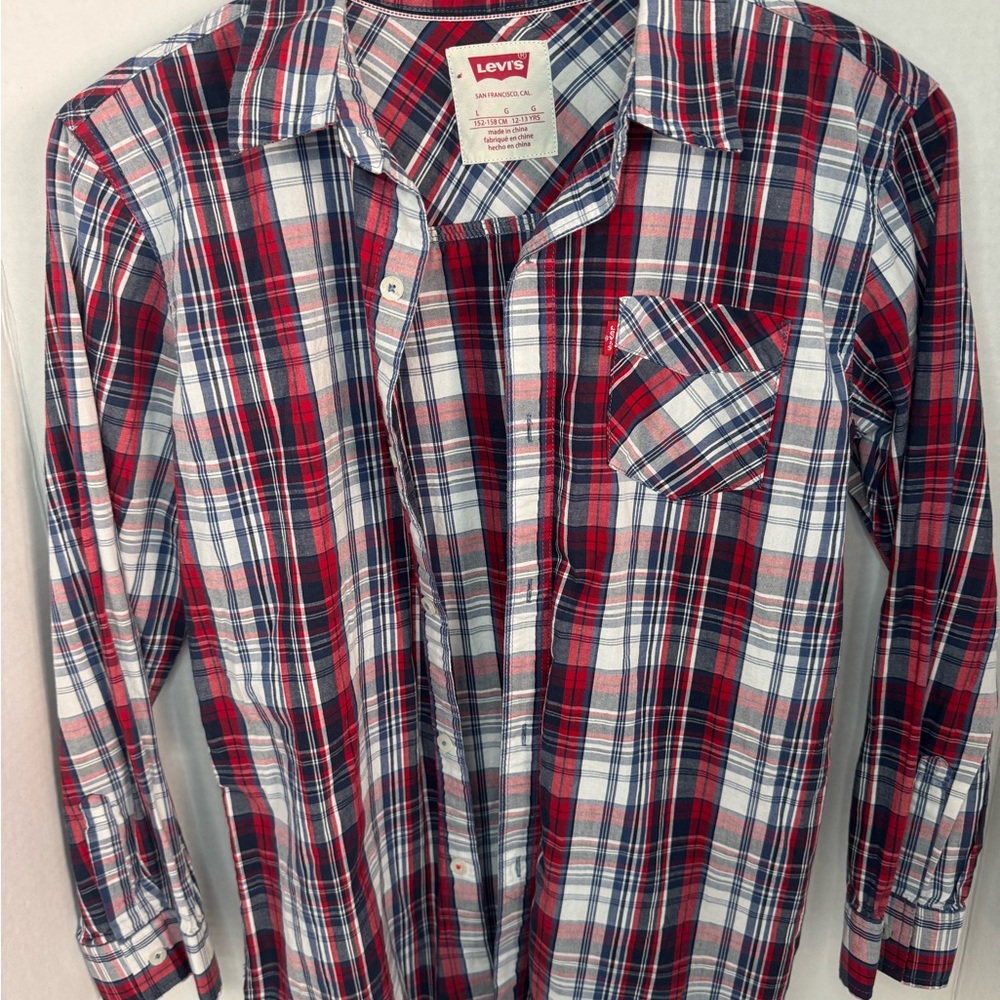 Levi's Button up 12-13yr Fit Red Long Sleeve Plaid pocket Western Style Shirt